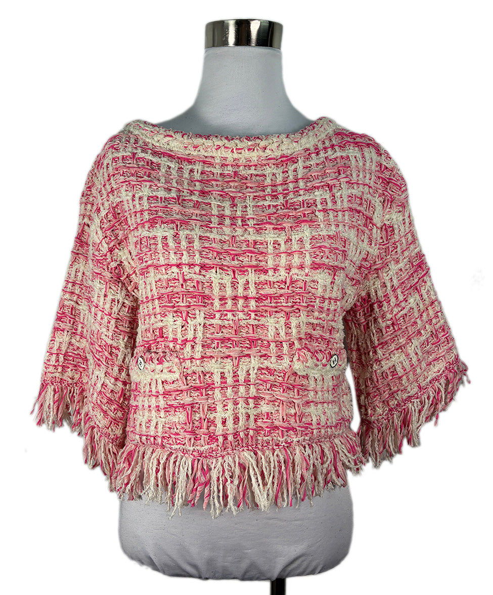 chanel pink knit dress Chanel Pink White Cotton Knit Fringe Detail Cropped Sweater sz 4