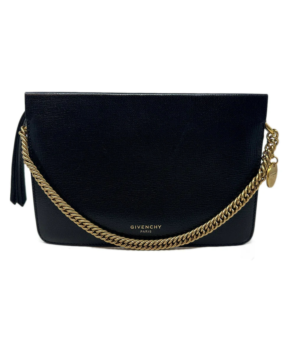 Givenchy Black Leather and Leopard Suede Gold Chain Clutch Handbag