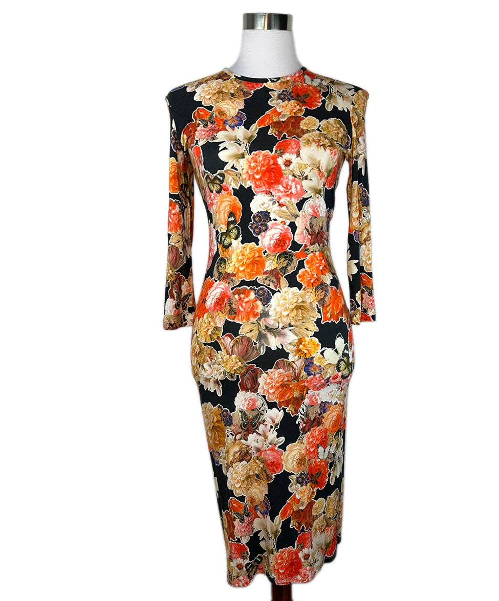Givenchy Orange Beige Black Floral Cotton Spandex Longsleeve Dress sz 4