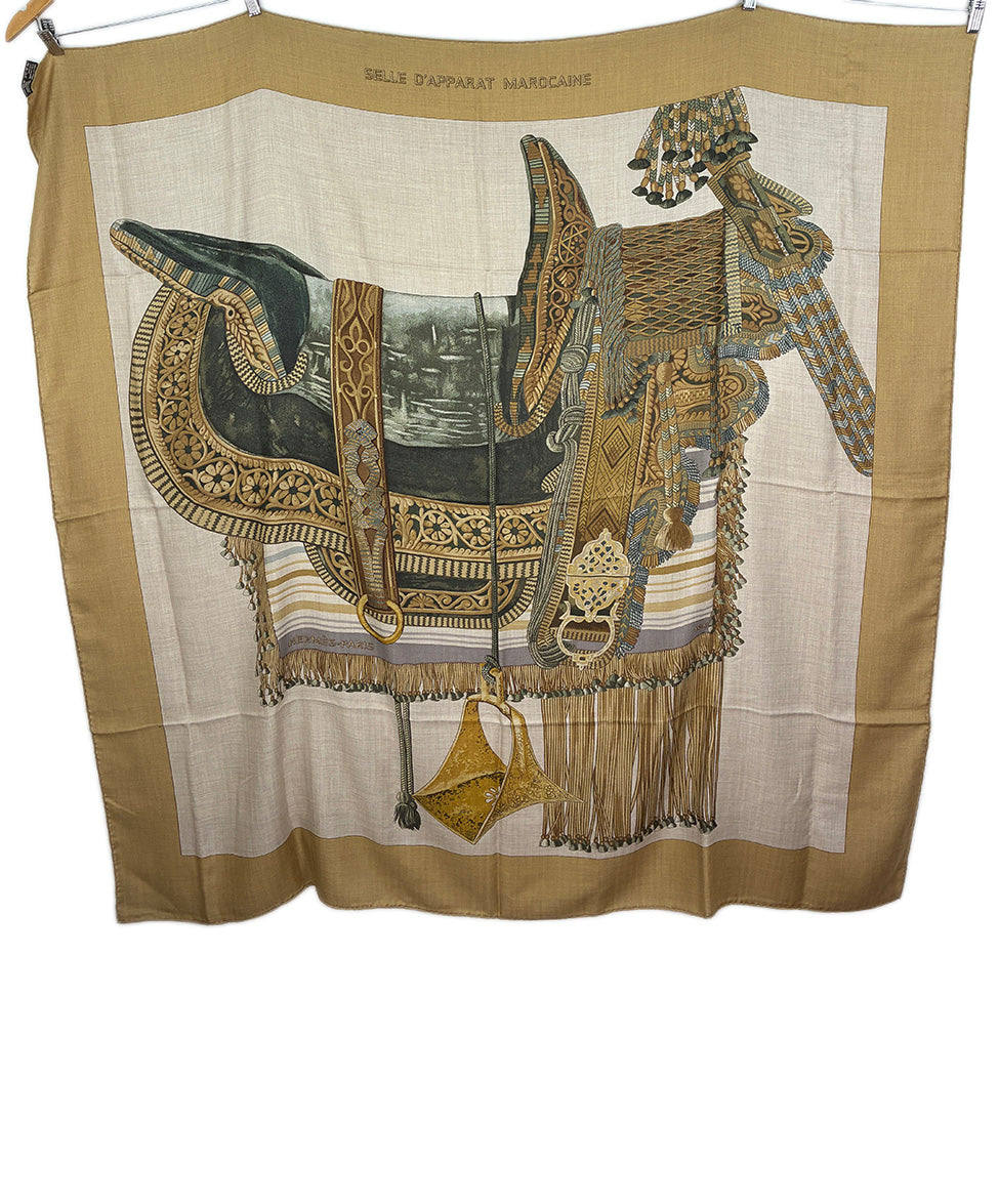 Hermes Selle D/Apparat Marocaine Beige Tan Olive Cashmere Silk
