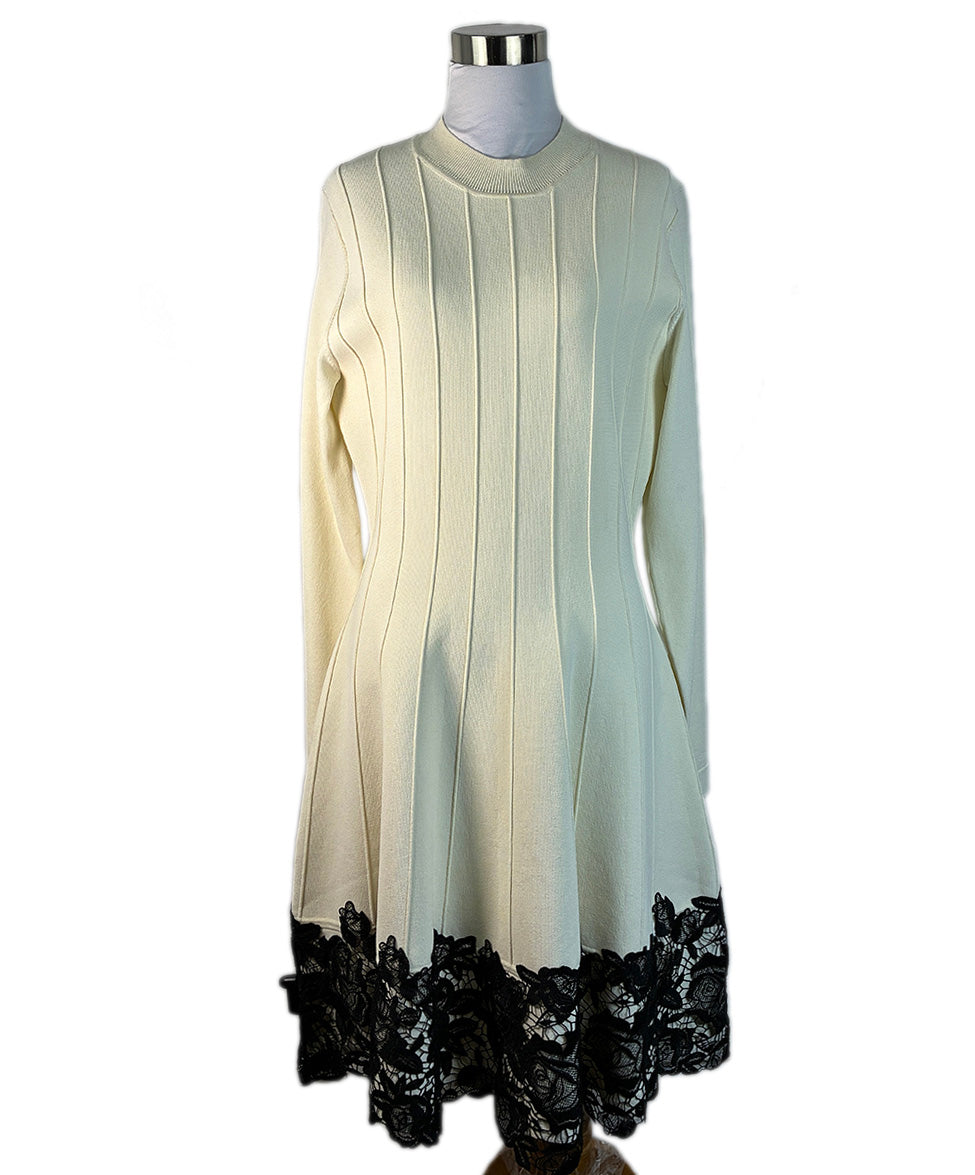 Lela Rose Ivory Viscose Spandex Black Lace Trim Dress sz 6