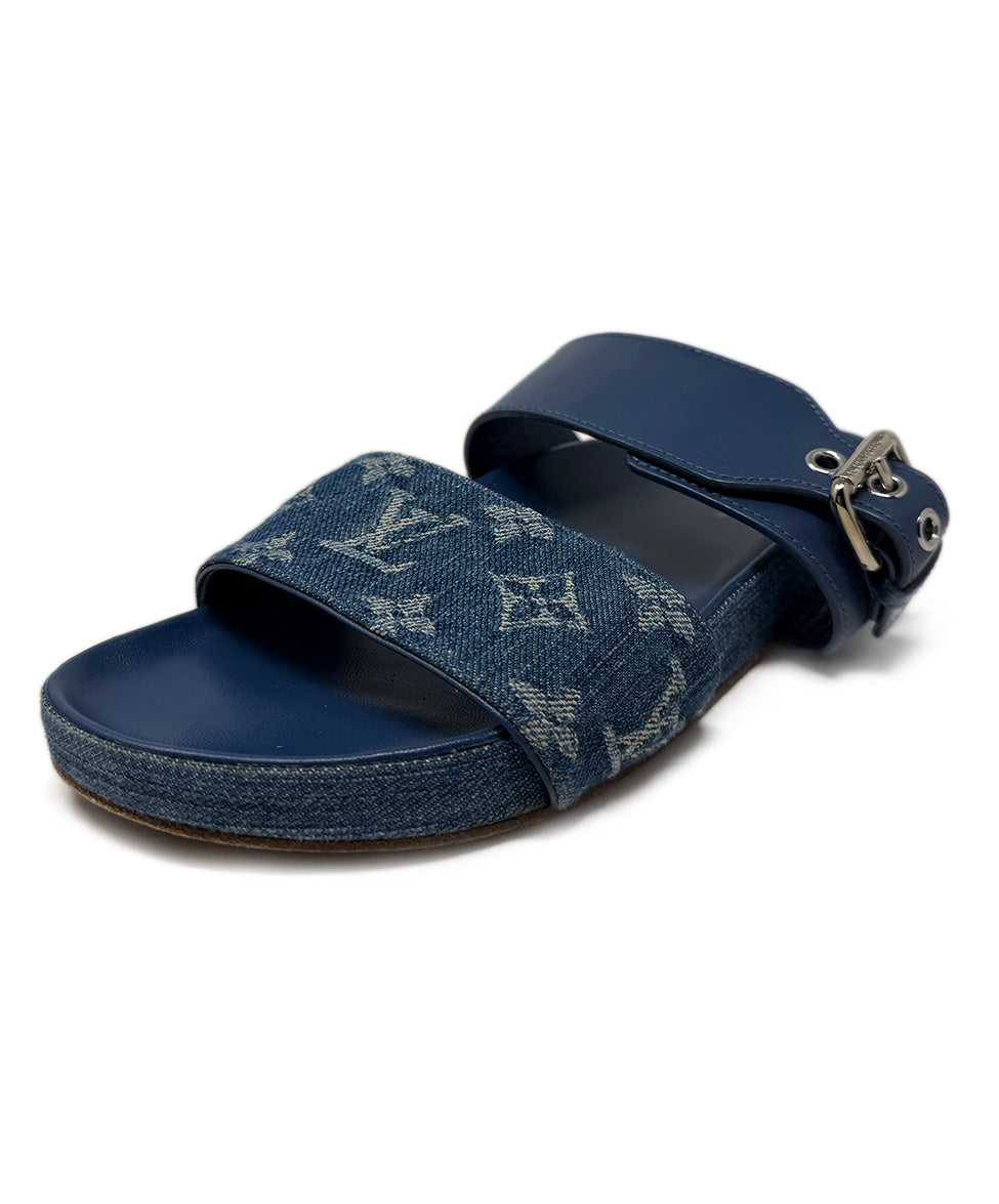Louis Vuitton Blue Leather Denim Sandals sz 37 l Michael's Luxury