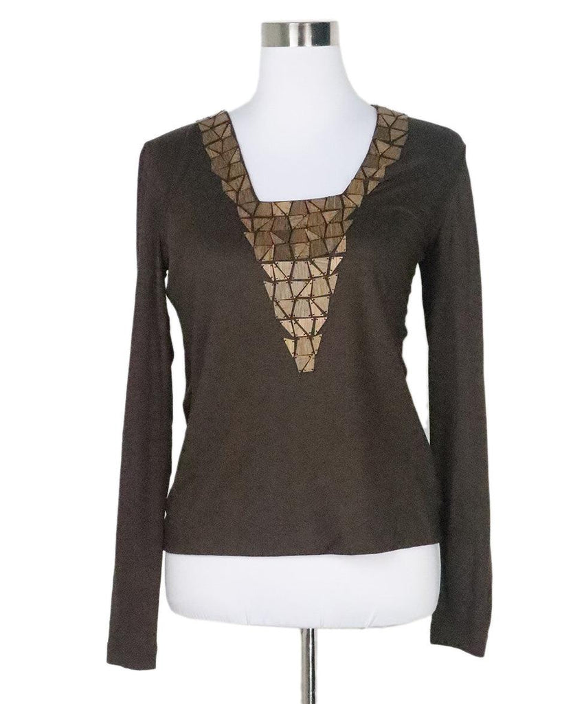 Akris Brown Cotton Beaded Trim Top 