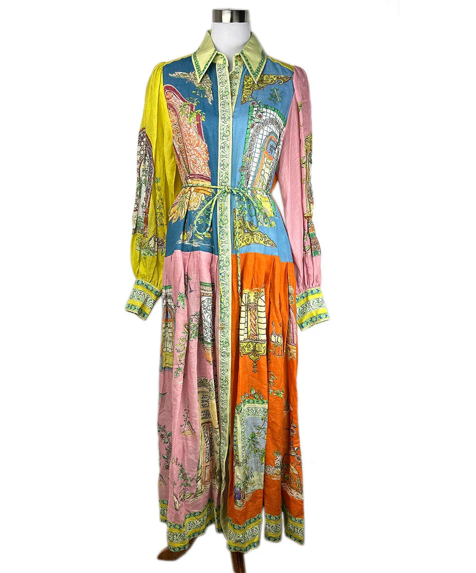Yellow / 8 Alemais Yellow Orange Blue Pink Linen Longsleeve Maxi Shirt  Dress sz 8