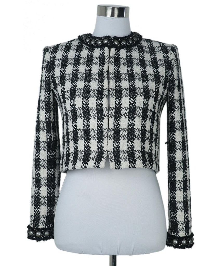 Alice + Olivia B&W Tweed Pearl Trim Jacket 