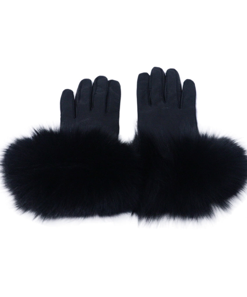 Black Leather & Fox Fur Trim Gloves 