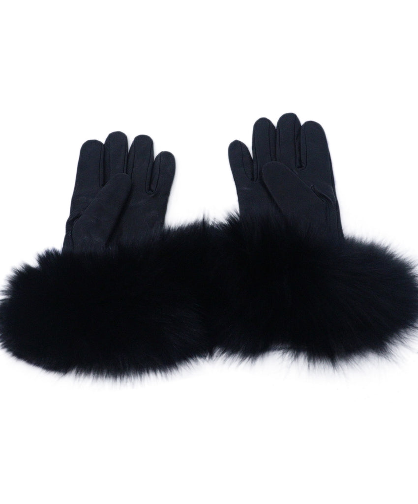 Black Leather & Fox Fur Trim Gloves 1