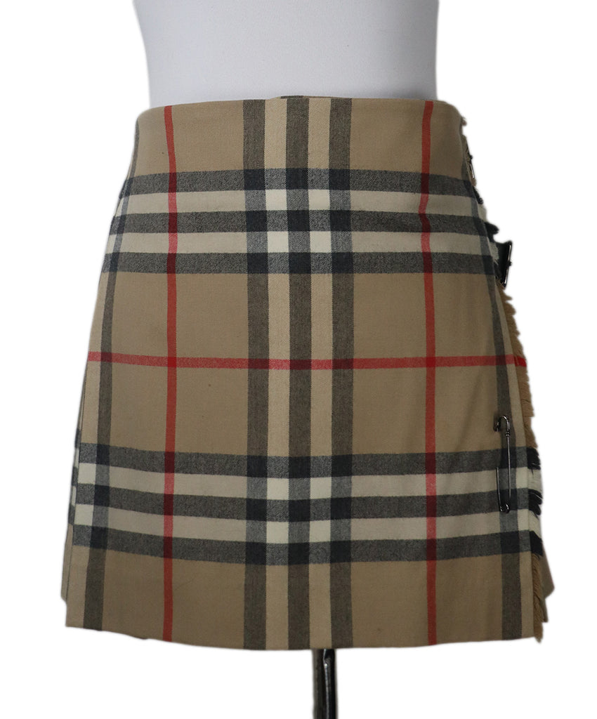 Burberry Skirt Beige Red Wool Leather Trim 