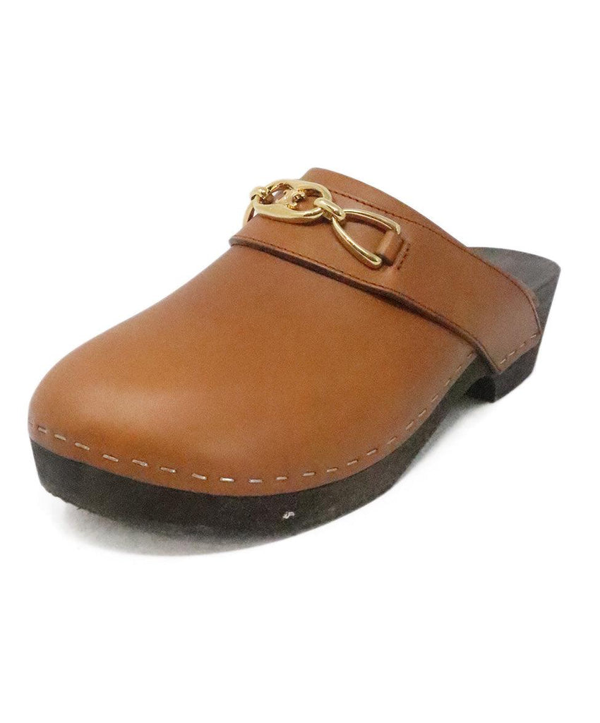 Celine Tan Leather & Wood Clogs 