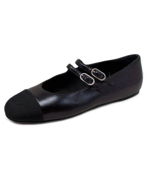 CHANEL メリージェーン　36 CHANEL Black Leather and Grosgrain Maryjane Flats sz36.5 l
