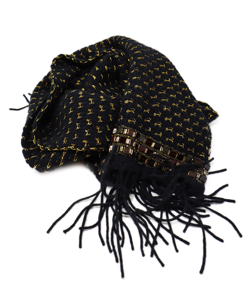 Chanel Black Gold Cashmere Brown Beaded Scarf 