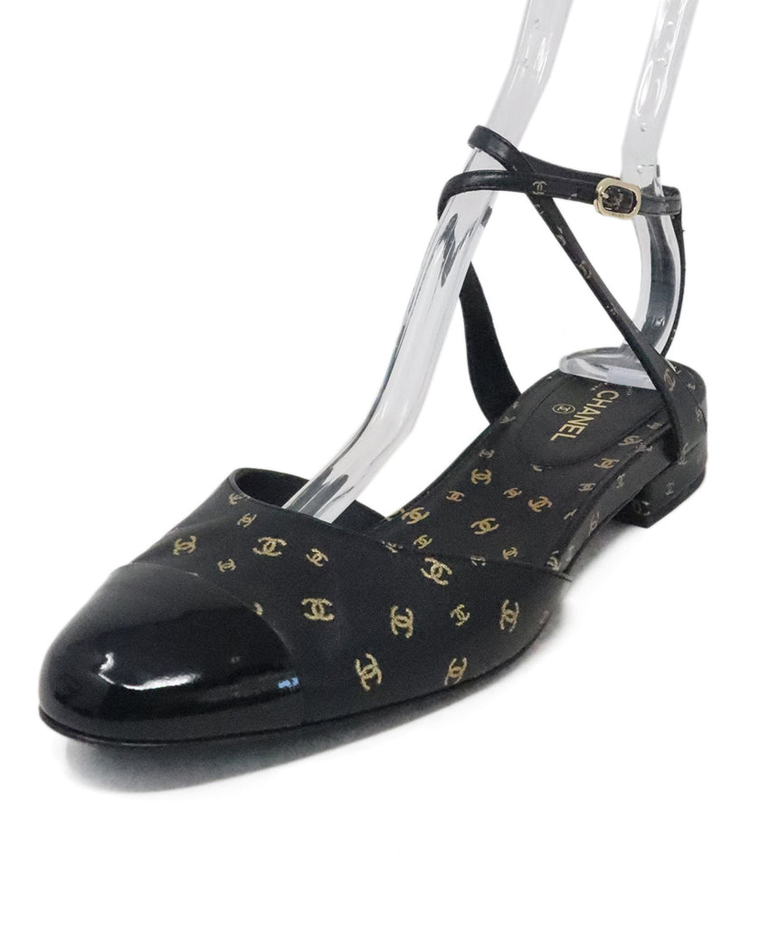 Chanel Black & Gold Logo Print Flats 