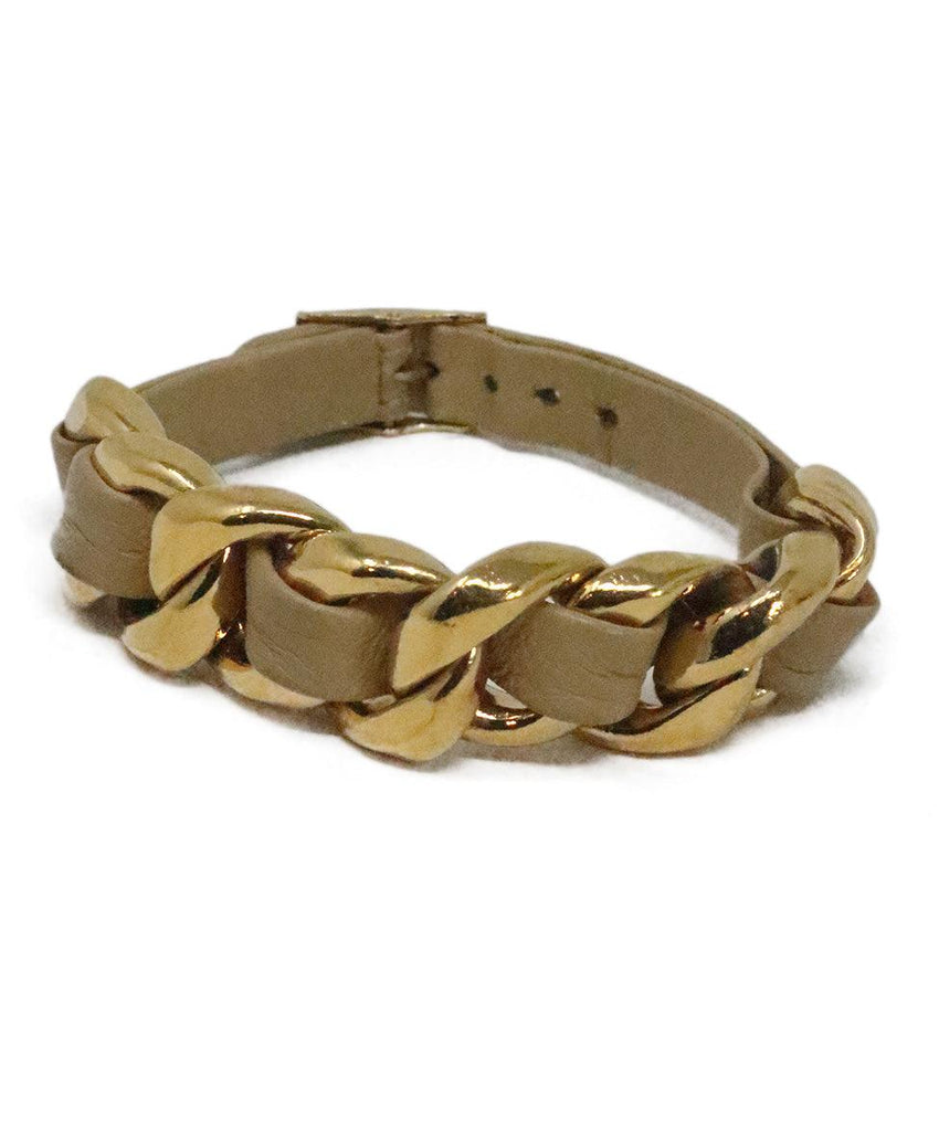 Chanel Vintage Beige Leather & Gold Bracelet 