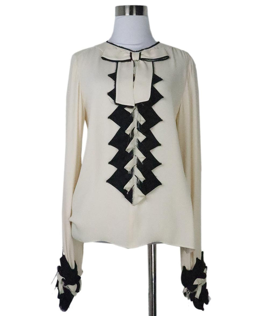 Chanel Ivory & Black Silk Ruffle Trim Blouse 