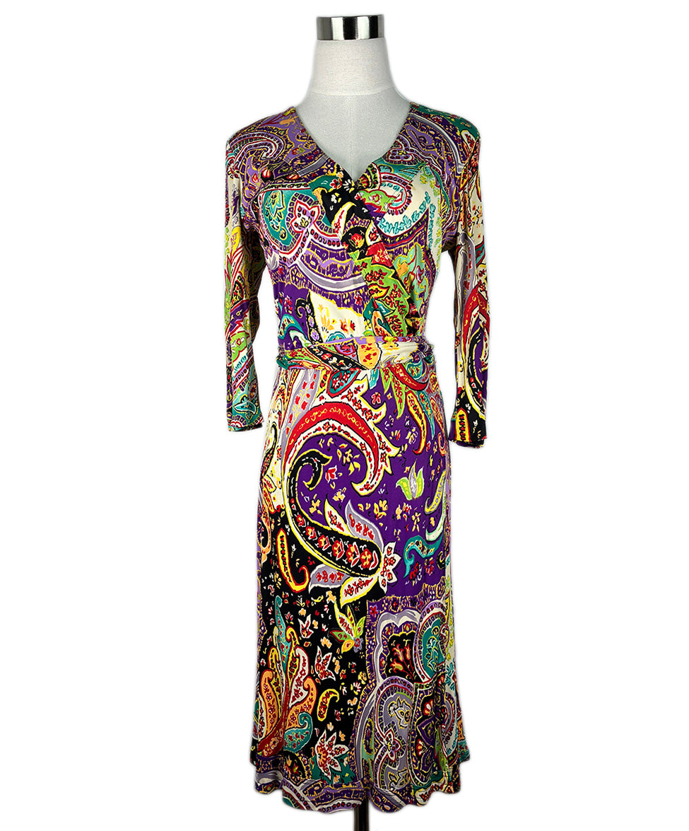 etro purple dress ETRO Belted paisley-printed jersey mini dress