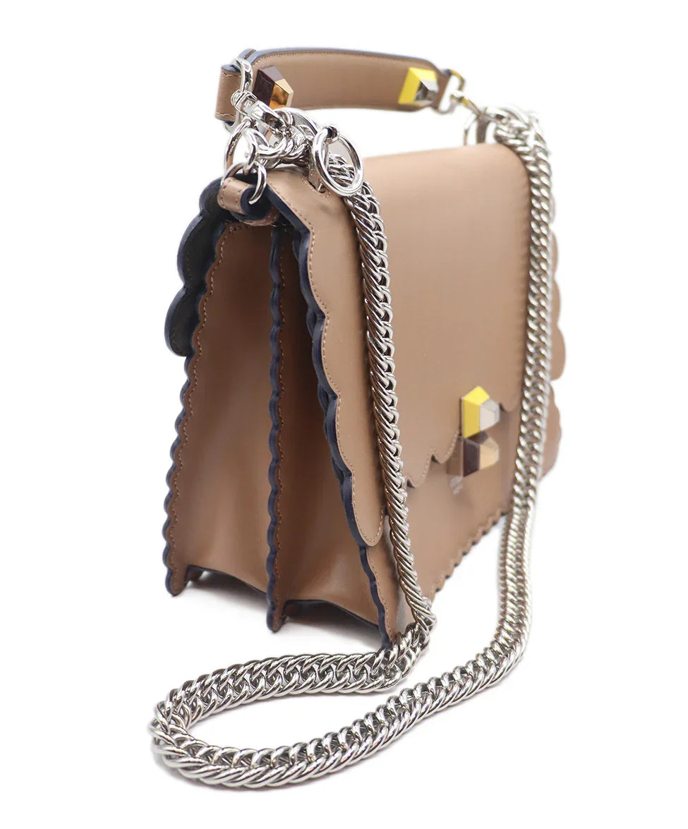 Satchel Silver Hardware Push release Fendi Neutral Tan Scalloped