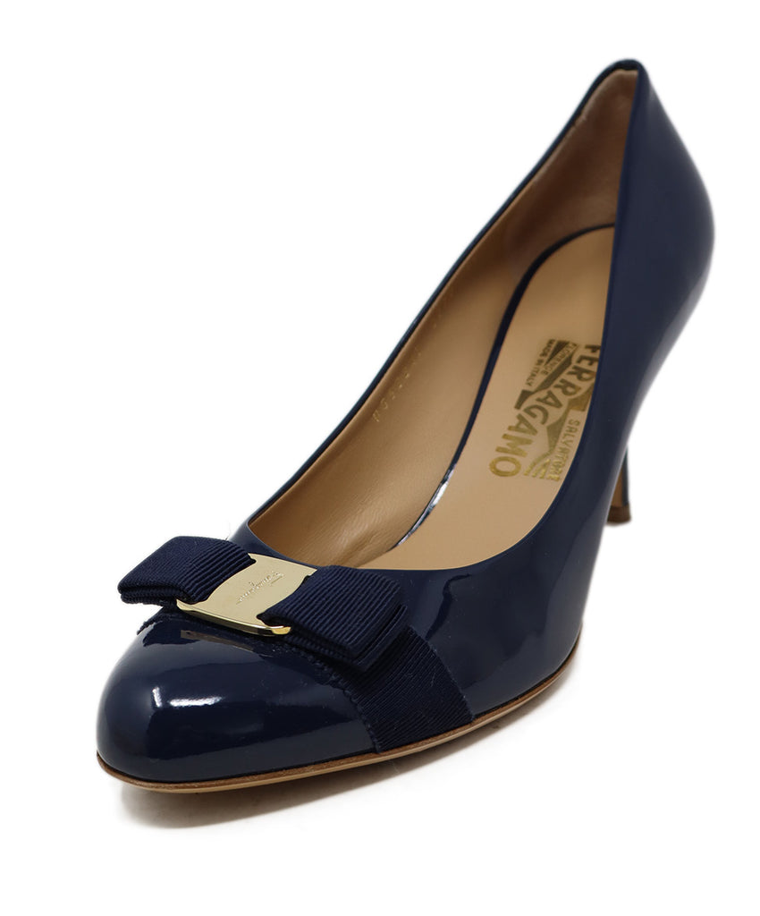 Ferragamo Navy Patent Leather Bow Heels 