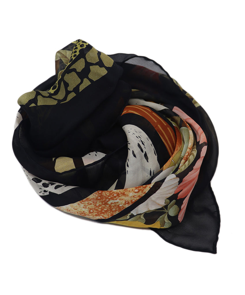 Ferragamo Black Floral Print Silk Scarf 