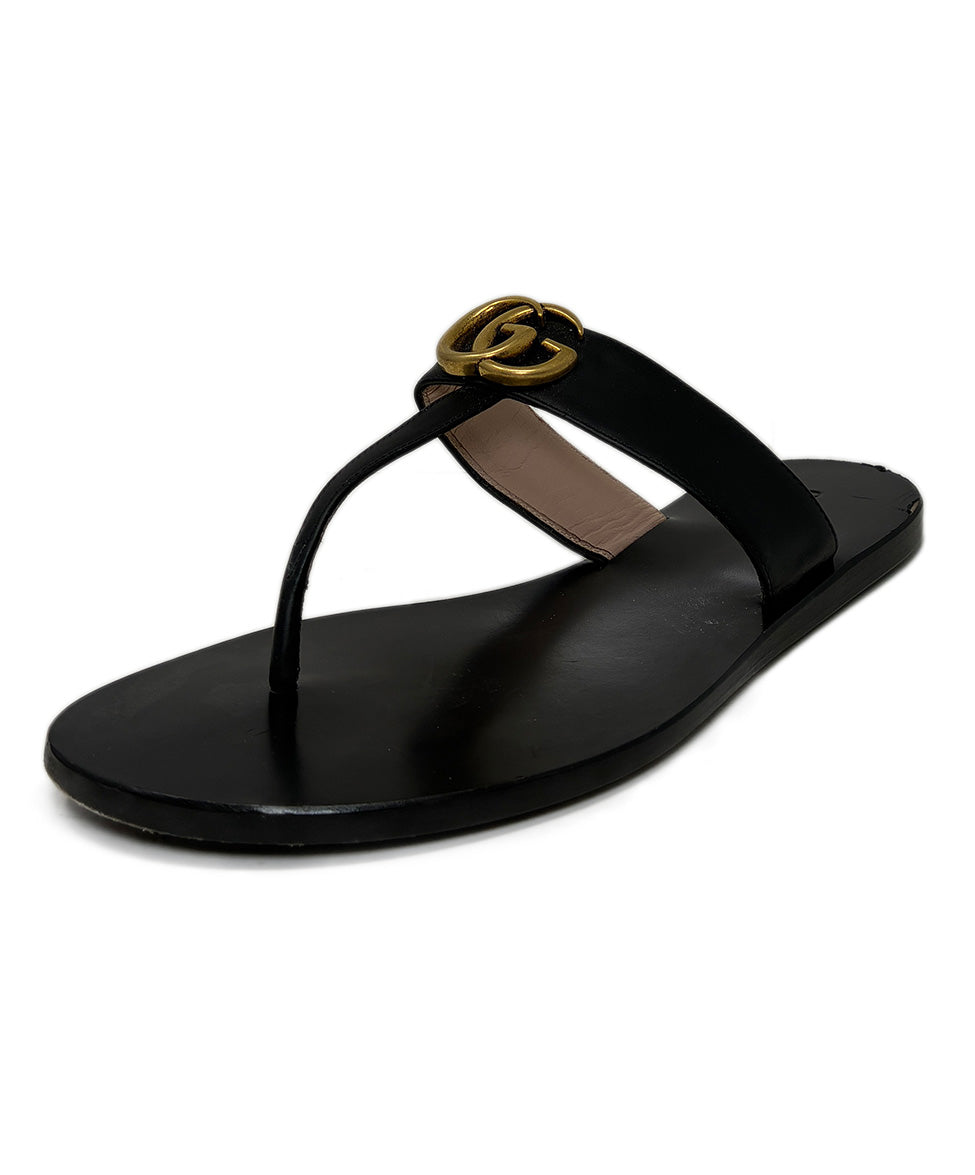 Gucci Black Leather Gold Logo Sandals sz 8 l Michael's Luxury