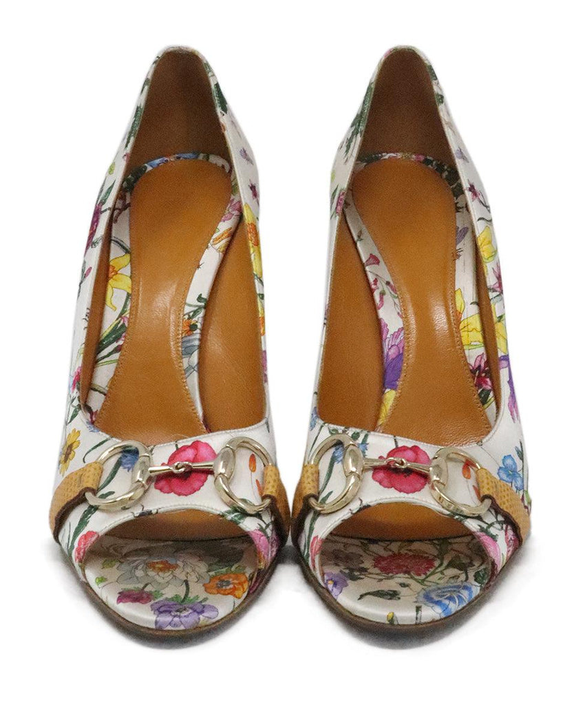 Gucci White & Multicolor Floral Satin Heels 3