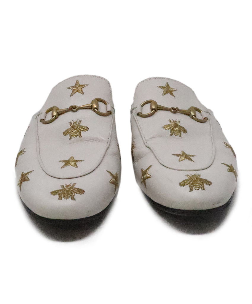 Gucci White & Gold Embroidered Mules 3