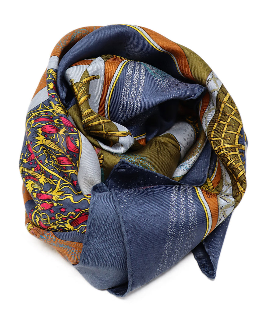 Hermes Blue & Brown Damask Silk Scarf 