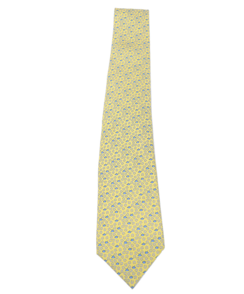 Hermes Yellow & Blue Print Silk Tie 