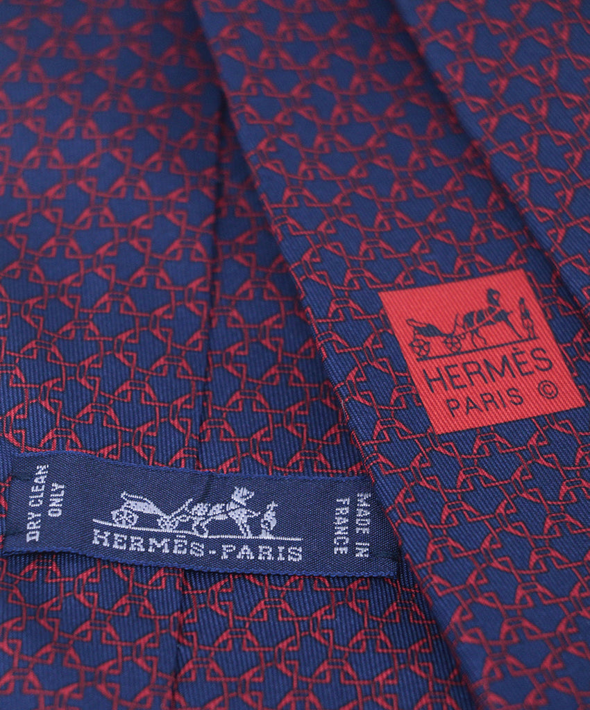 Hermes Navy & Red Print Silk Tie 2