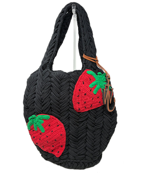 JWAnderson Black Crochet Cotton Tote w Strawberry Print and Logo l