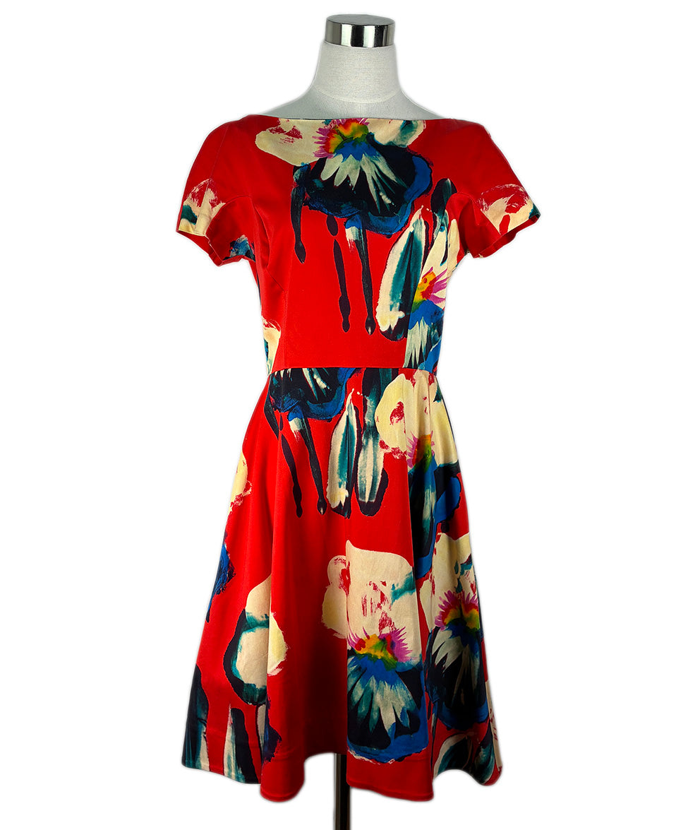 lela rose red dress $1695 NEW LELA ROSE Laser Cut Hem Knit Stretch Sleeved Dress Red Coral L