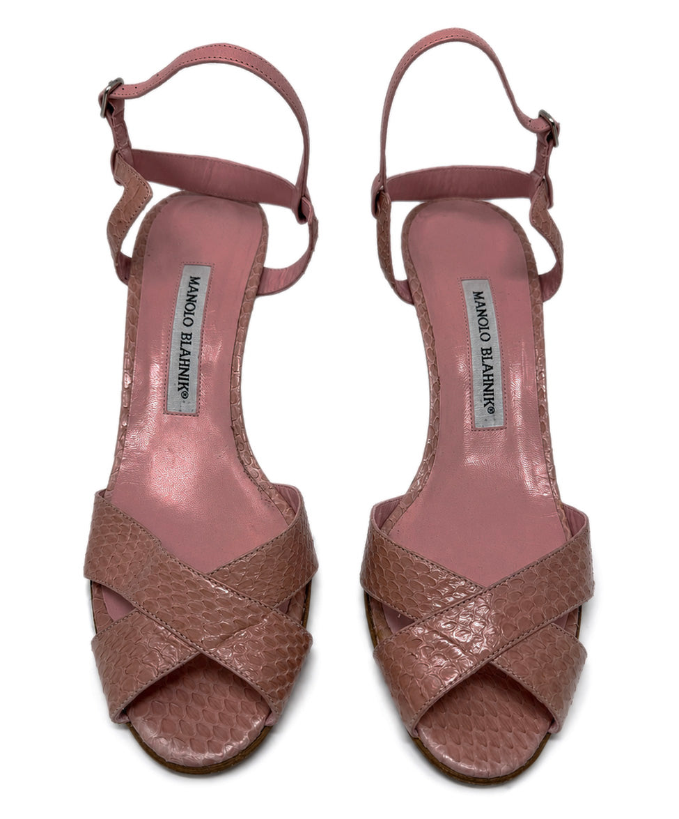 Manolo Blahnik Pink Snake Skin Sandals sz 8 l Michael's Luxury