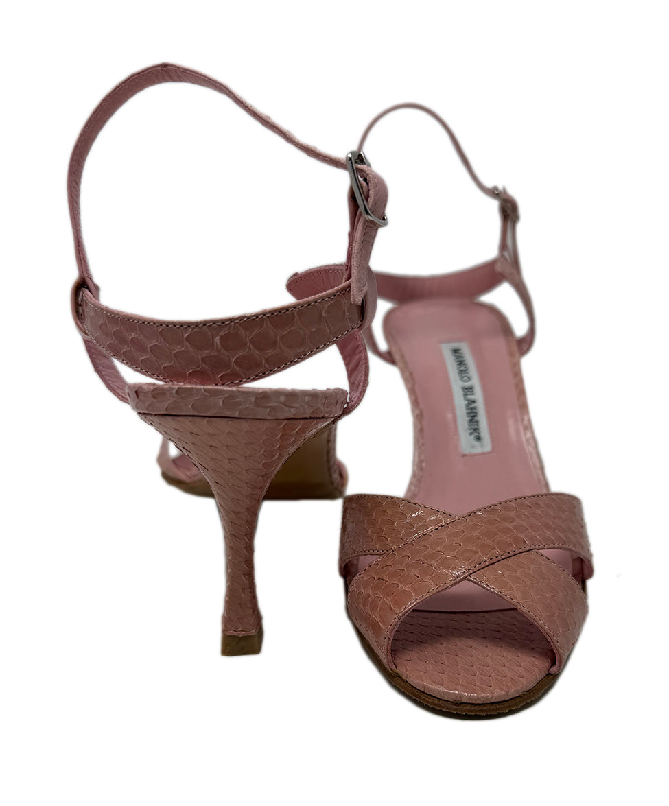 MANOLO BLAHNIK サーモンピンク　サンダル 35 ヒール8センチ Manolo Blahnik Pink Snake Skin Sandals sz 8 l Michael's Luxury