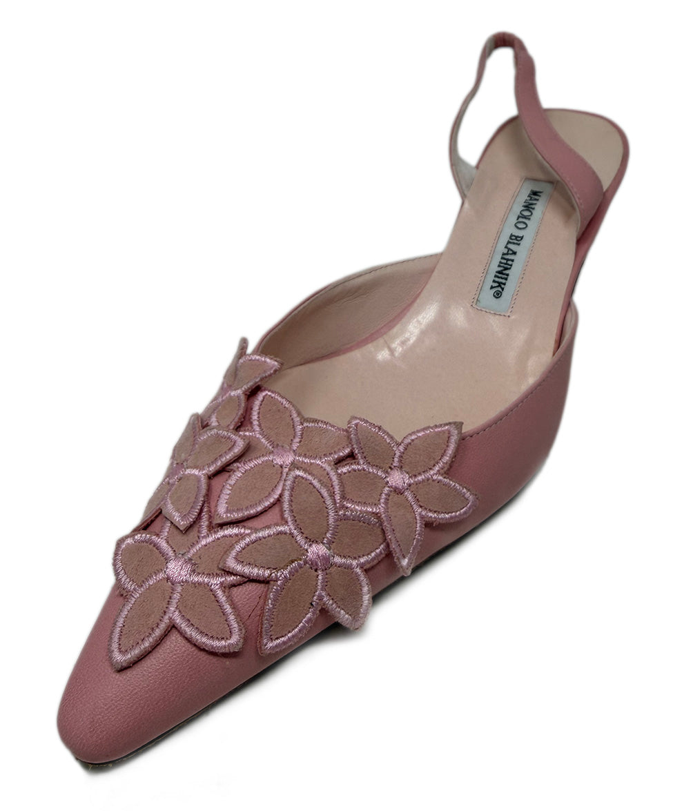 Manolo Blahnik Pink Leather Floral Appliques Slingbacks sz 8 l