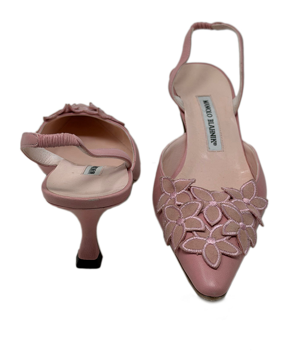 Manolo Blahnik Pink Leather Floral Appliques Slingbacks sz 8 l
