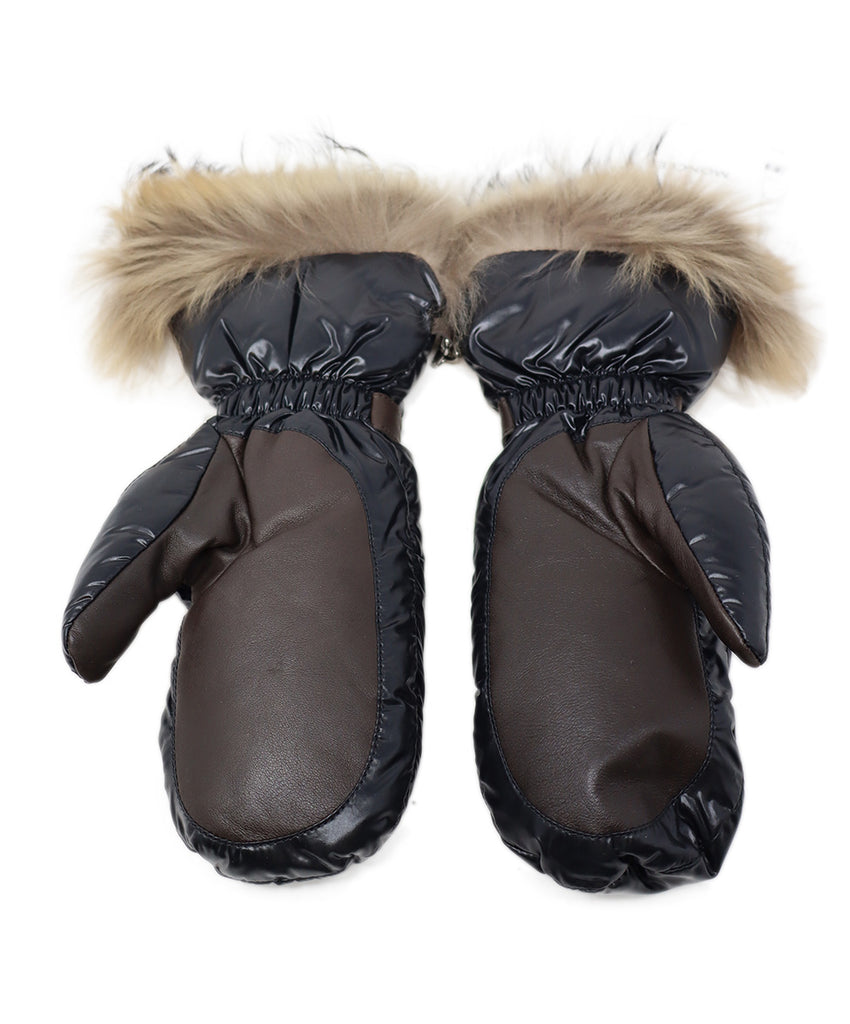 Moncler Black & Brown Leather Fur Mittens 1