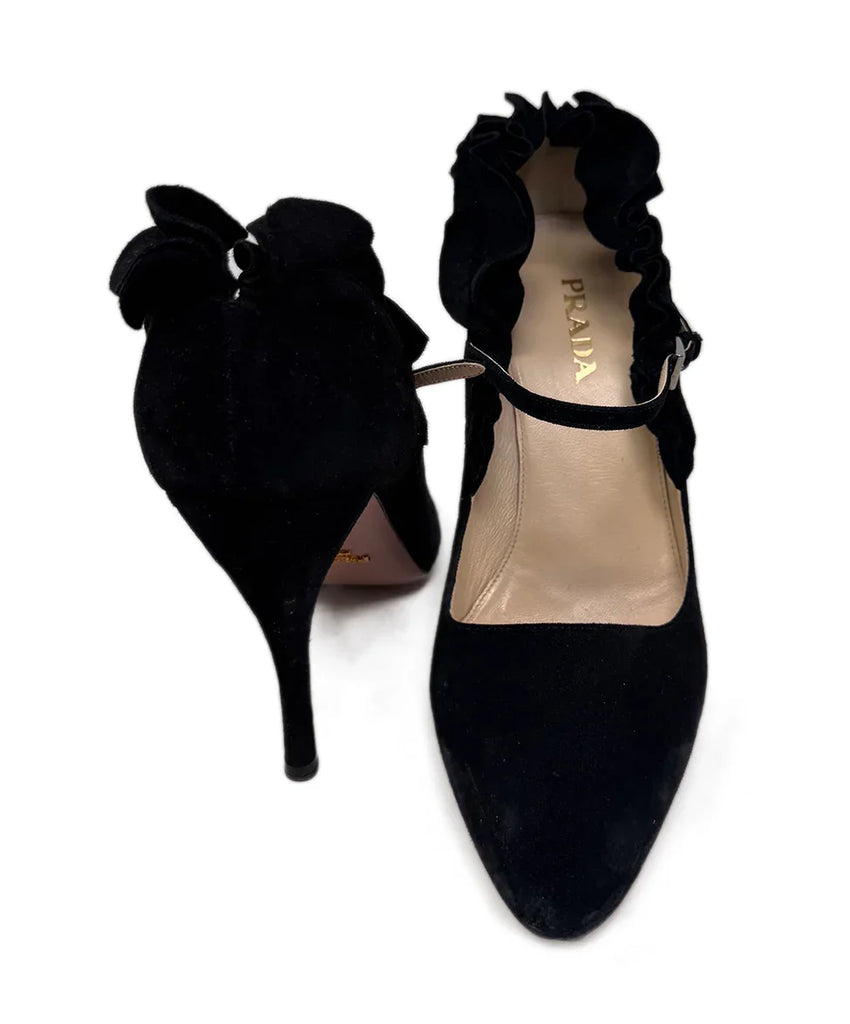 Prada Black Suede Heels w/ Ruffle Trim sz 39 l Michael's Luxury