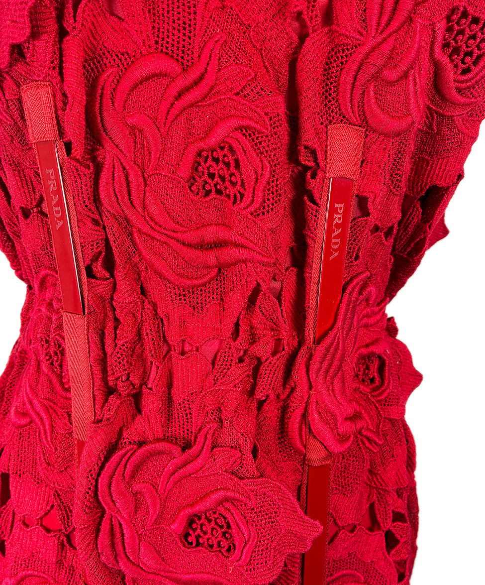 prada red flower dress Prada red floral crepe cady midi dress in red IT40