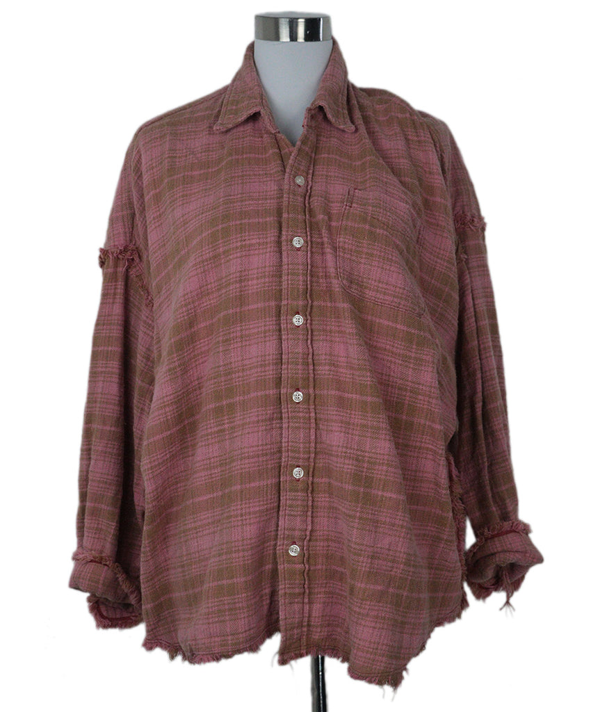 R13 Pink & Brown Plaid Flannel Top 