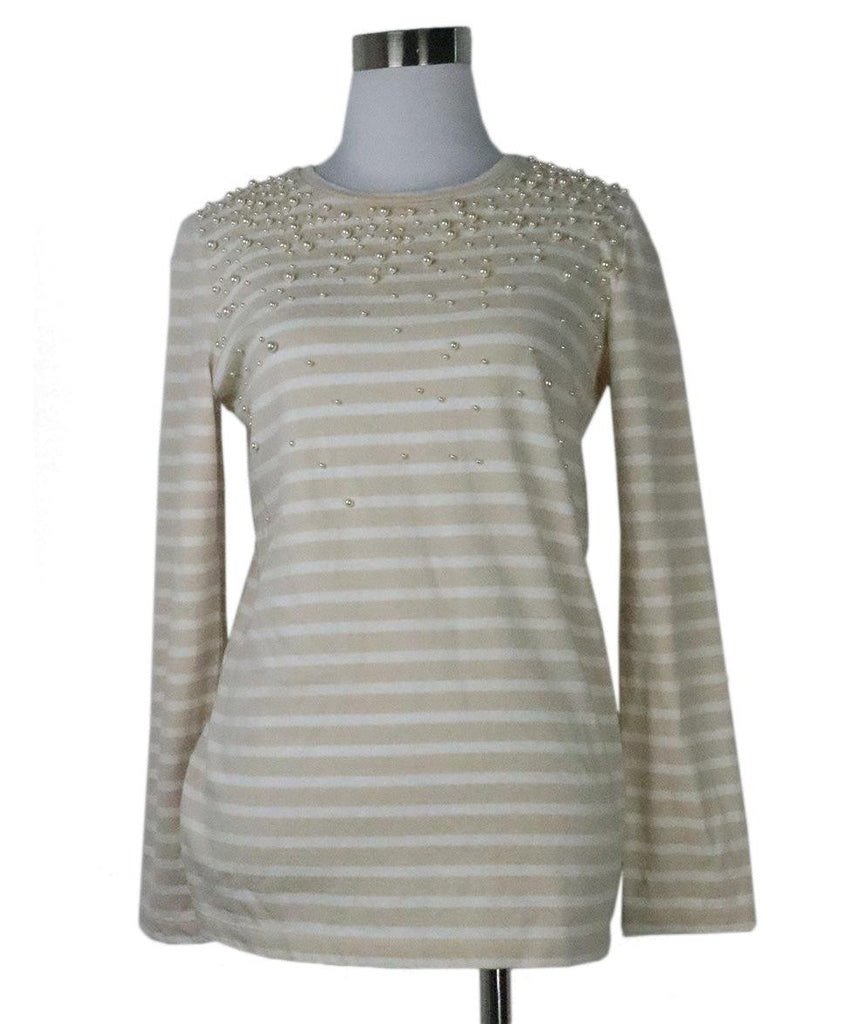 Tory Burch Beige & White Striped Pearl Top 