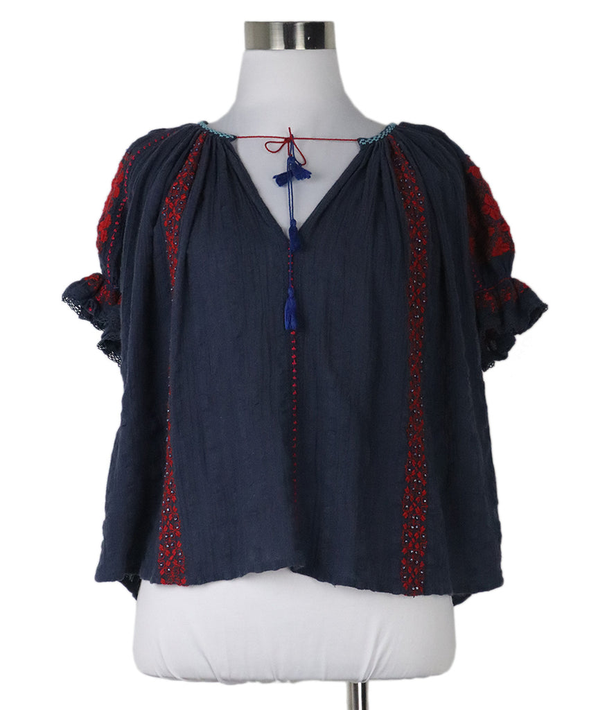 Ulla Johnson Navy & Red Embroidered Blouse 