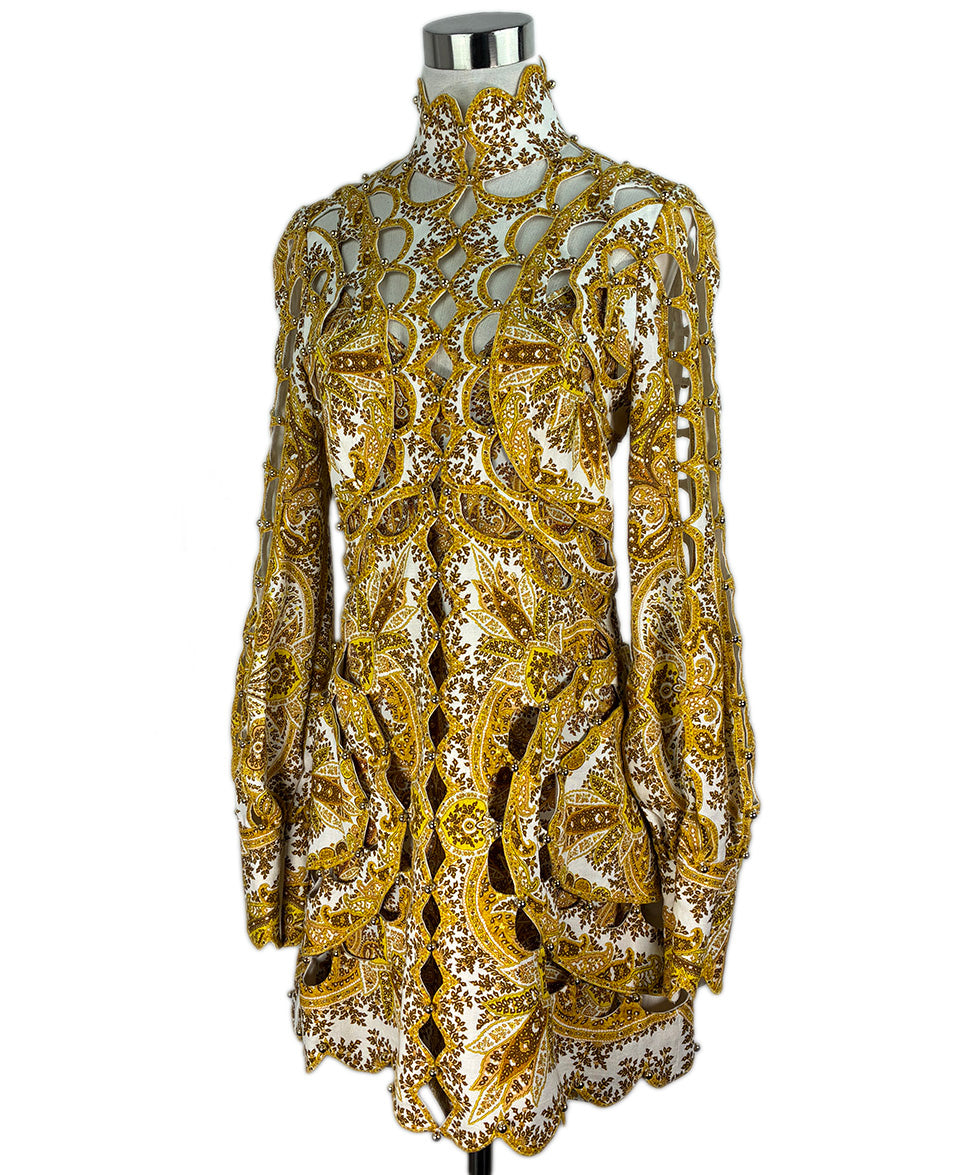 gold paisley dress Zimmermann Zippy Scallop Mini Dress Golden Paisley 2