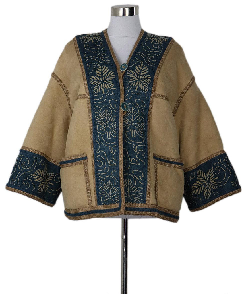 Carlo Tivioli Tan Shearling & Blue Linen Coat sz 4 - Michael's Consignment NYC