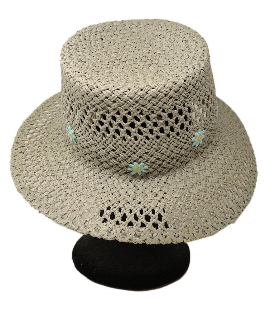 Carolyn Rowan Grey Straw Hat w/ Blue Embroidery - Michael's Consignment NYC