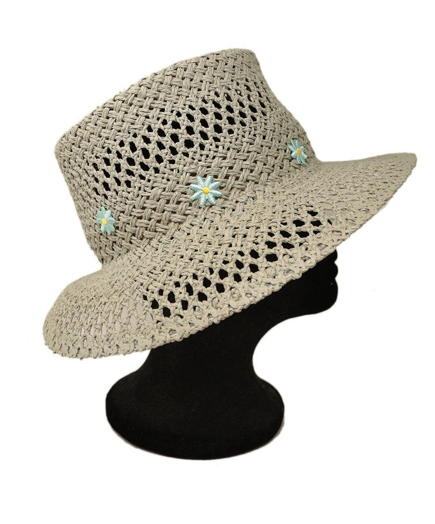 Carolyn Rowan Grey Straw Hat w/ Blue Embroidery - Michael's Consignment NYC