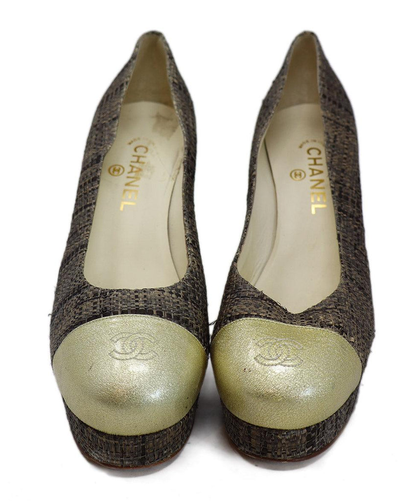 Chanel Neutral Raffia & Gold Trim Platform Heels sz 10 - Michael's Consignment NYC