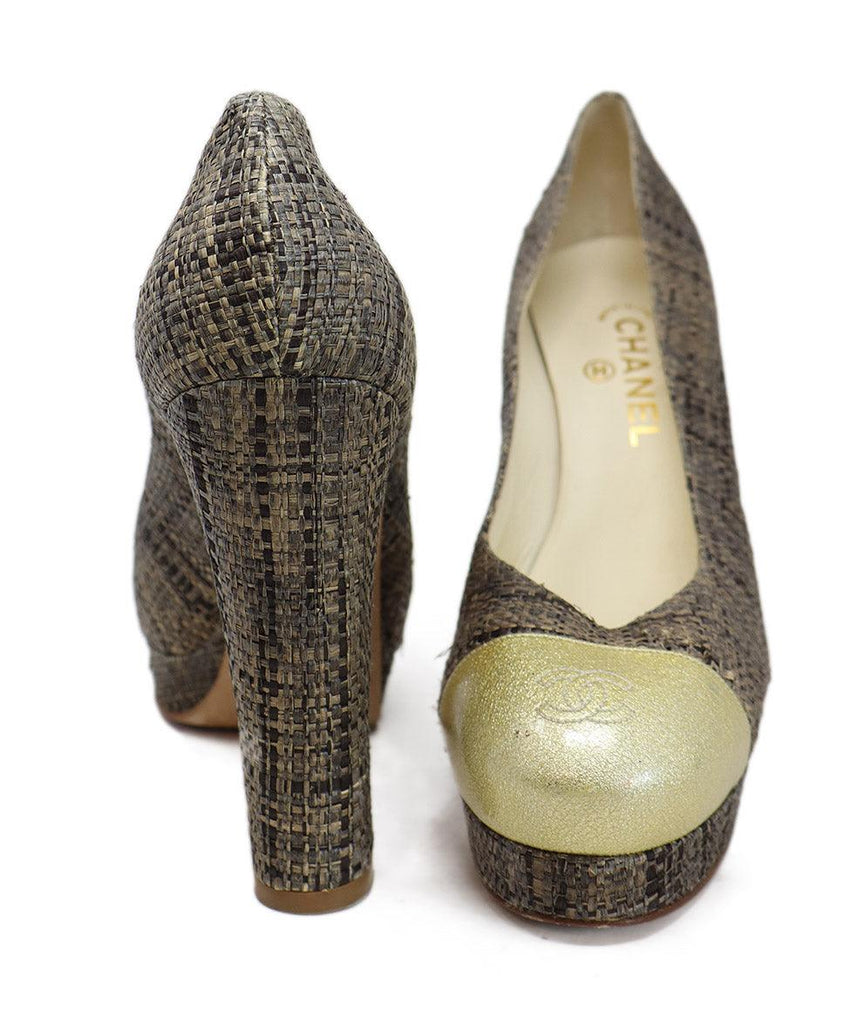 Chanel Neutral Raffia & Gold Trim Platform Heels sz 10 - Michael's Consignment NYC