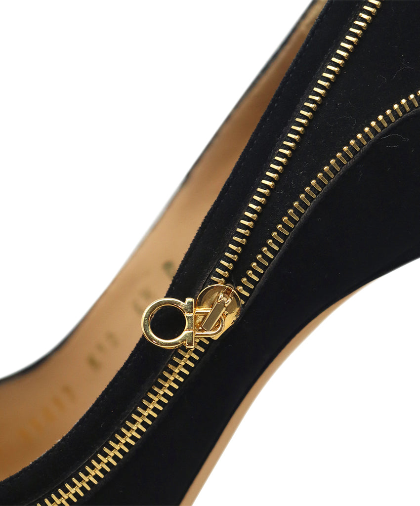 Ferragamo Black Suede & Gold Zipper Heels sz 6.5 - Michael's Consignment NYC