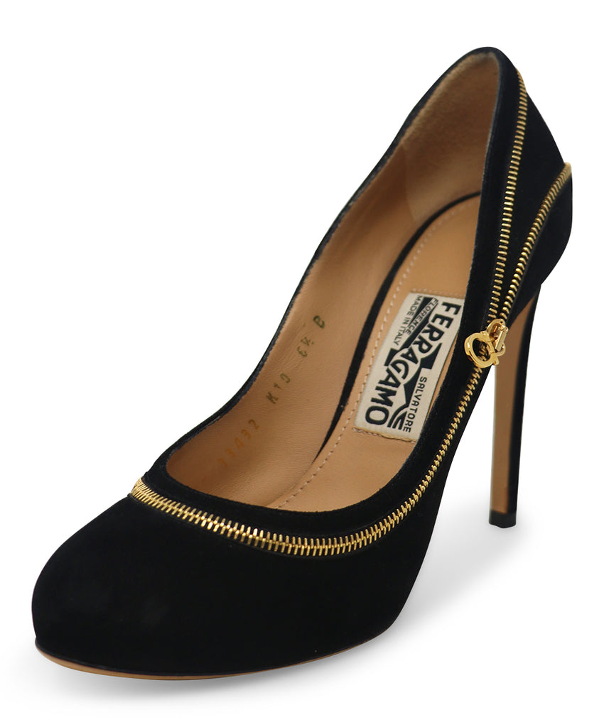 Ferragamo Black Suede & Gold Zipper Heels sz 6.5 - Michael's Consignment NYC