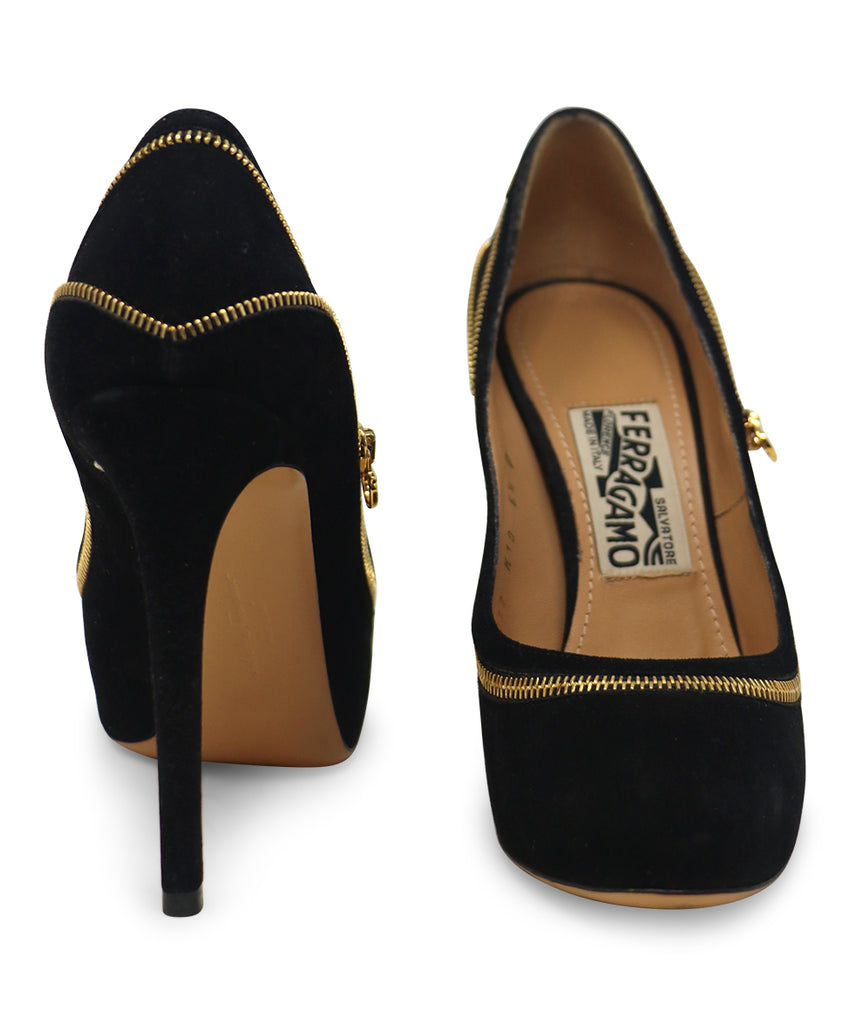 Ferragamo Black Suede & Gold Zipper Heels sz 6.5 - Michael's Consignment NYC