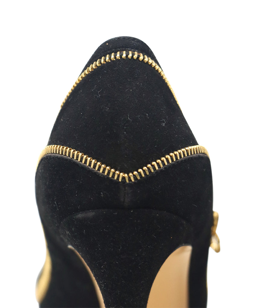 Ferragamo Black Suede & Gold Zipper Heels sz 6.5 - Michael's Consignment NYC